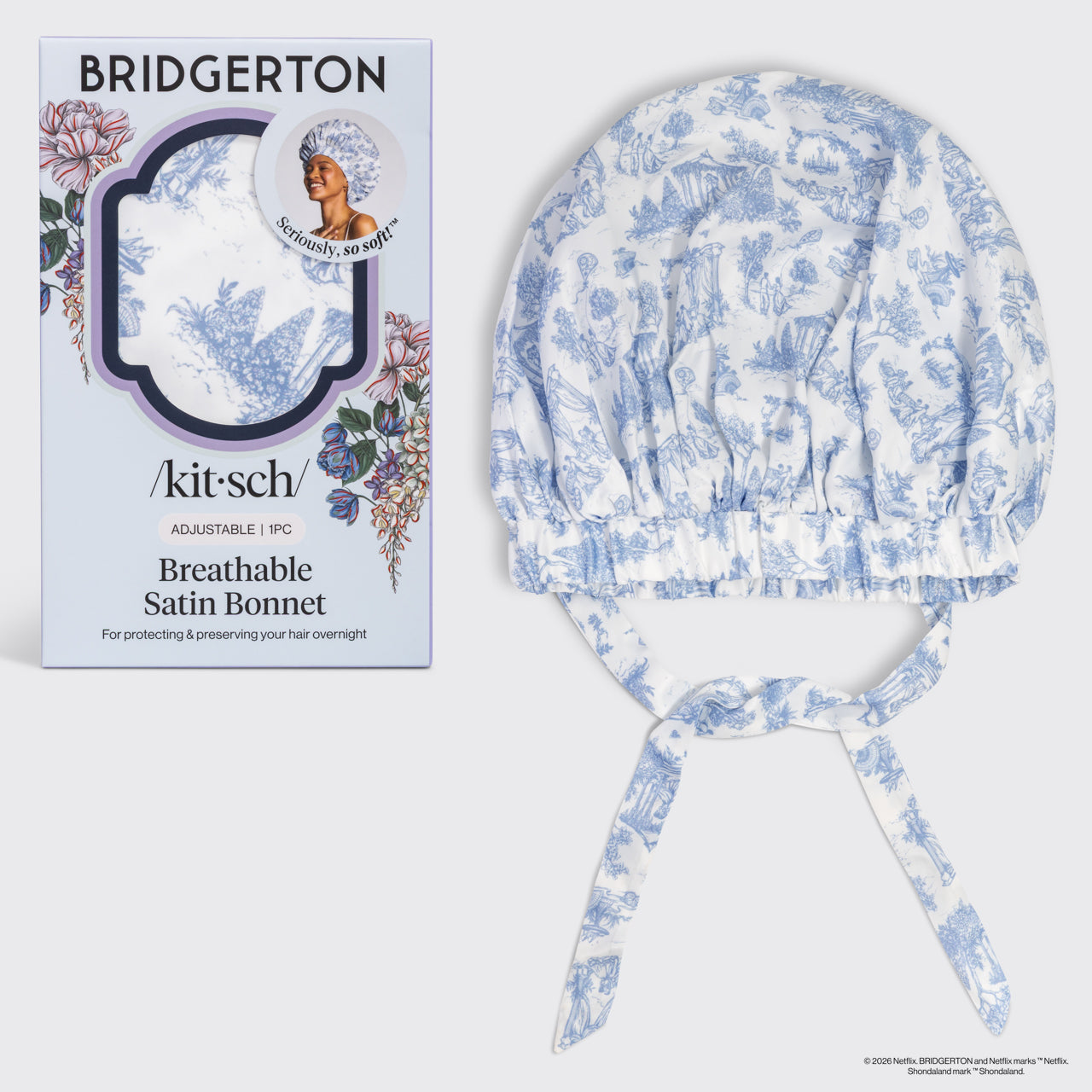 Pearlized Cream & Coastal Blue Print Oversized Satin Bonnet - Bridgerton x Kitsch Breathable Satin Bonnet in Garden Toile